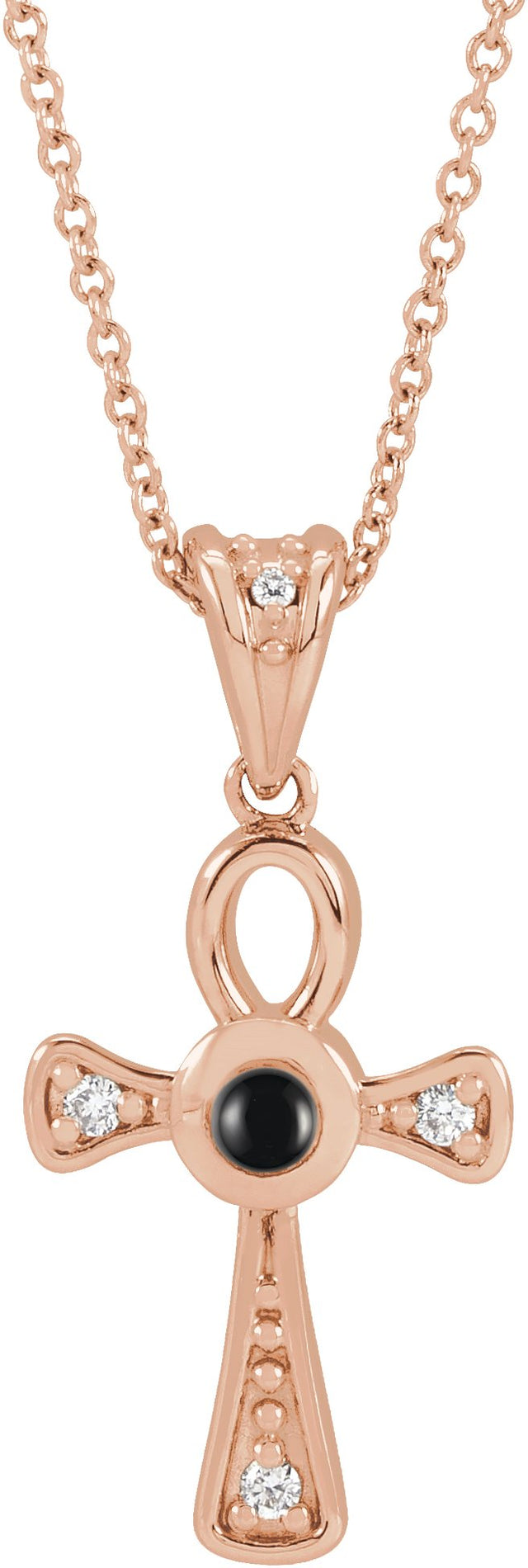 14K Gold Round Natural Onyx & Natural Diamond Cabochon Ankh Cross Necklace or Pendant - Rose Gold