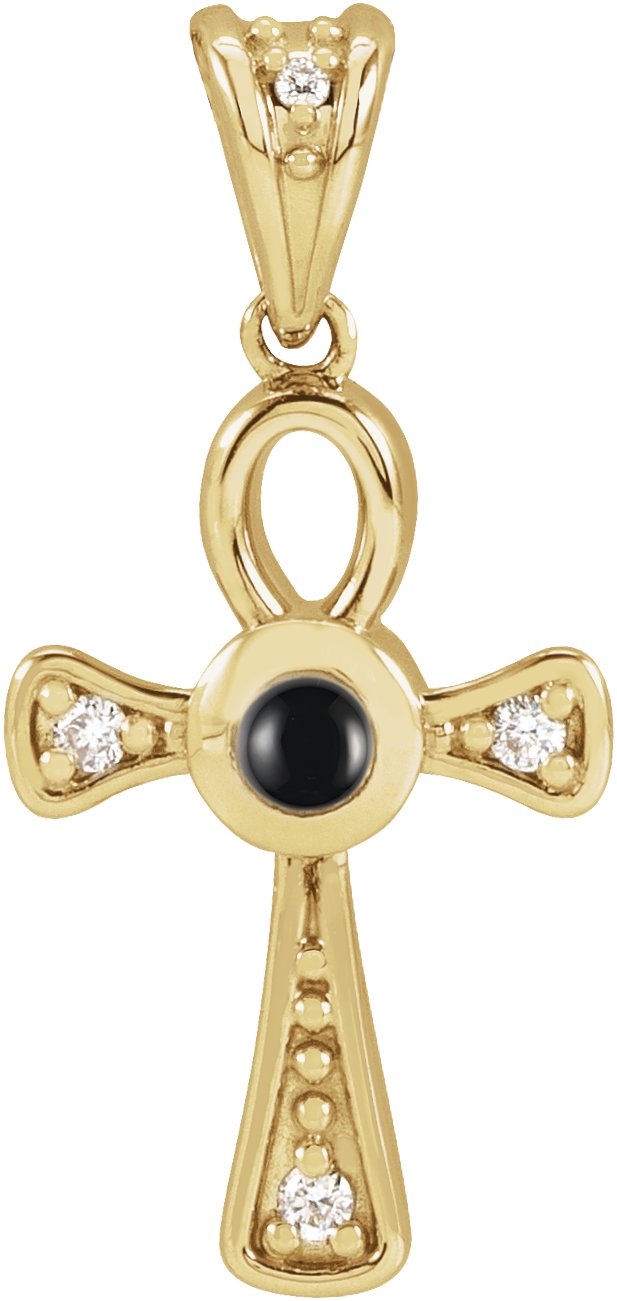 14K Gold Round Natural Onyx & Natural Diamond Cabochon Ankh Cross Necklace or Pendant - Yellow Gold