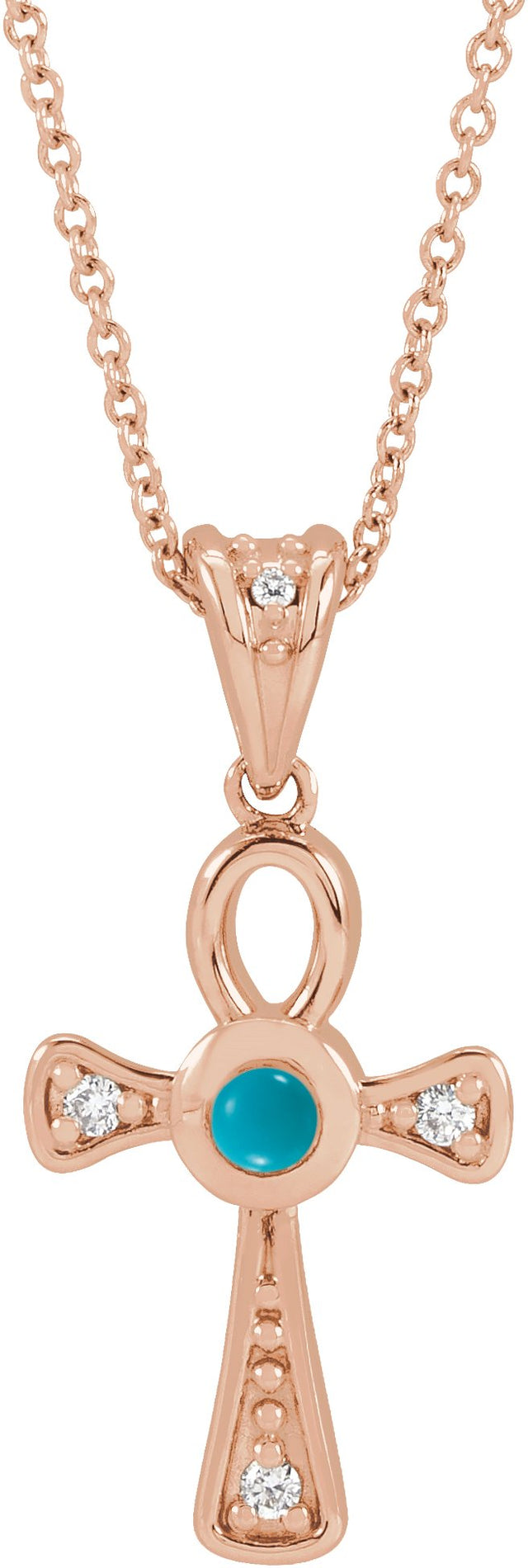 14K Gold Round Natural Turquoise & Natural Diamond Cabochon Ankh Cross Necklace or Pendant - Rose Gold