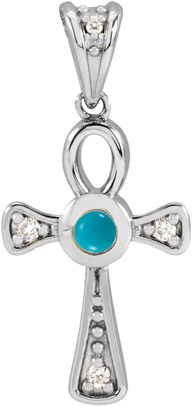 Platinum Round Natural Turquoise & Natural Diamond Cabochon Ankh Cross Necklace or Pendant