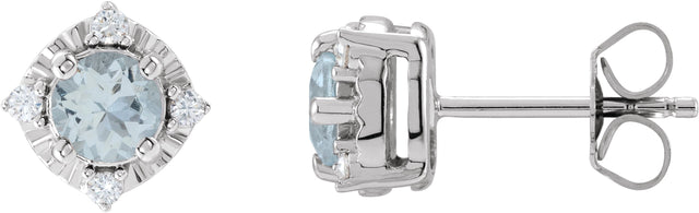 14K Gold Round Natural Aquamarine & Natural Diamond Halo-Style Birthstone Earrings – 4.5mm Stones - White Gold