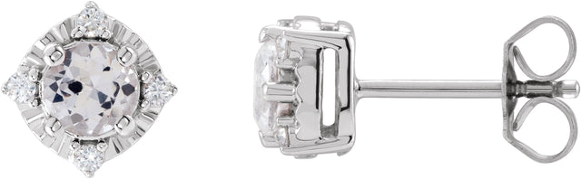 14K Gold Round Lab-Grown White Sapphire & Natural Diamond Halo-Style Birthstone Earrings – 4.5mm Stones - White Gold