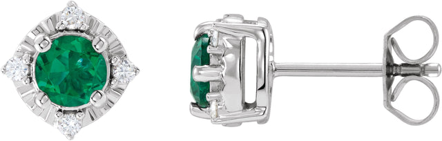 14K Gold Round Lab-Grown Emerald & Natural Diamond Halo-Style Birthstone Earrings – 4.5mm Stones - White Gold