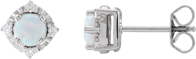 14K Gold Round Lab-Grown White Opal & Natural Diamond Halo-Style Birthstone Earrings - White Gold