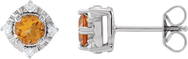 14K Gold Round Natural Citrine & Natural Diamond Halo-Style Birthstone Earrings – 4.5mm Stones - White Gold