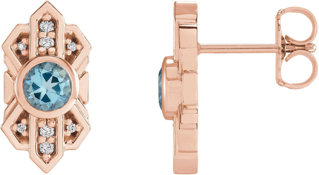 14K Gold Round Natural Aquamarine & Natural Diamond Art Deco Earrings - Rose Gold