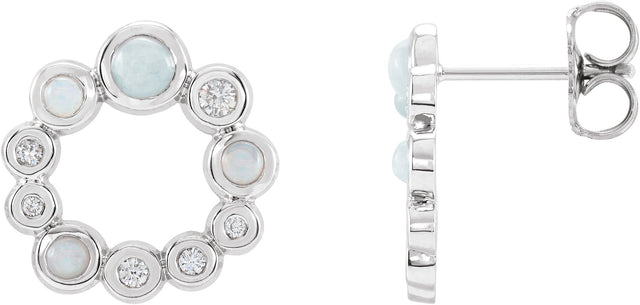 Platinum Round Natural Ethiopian Opal & Natural Diamond Bezel-Set Cabochon Earrings