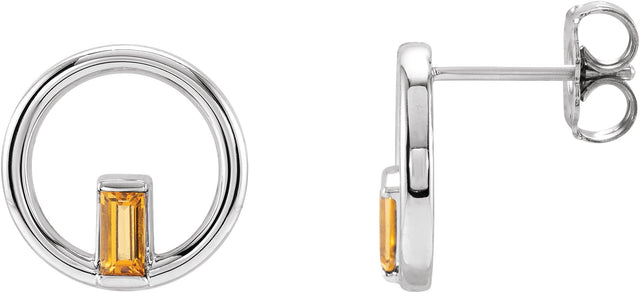 Platinum Straight Baguette Natural Citrine Baguette Circle Earrings