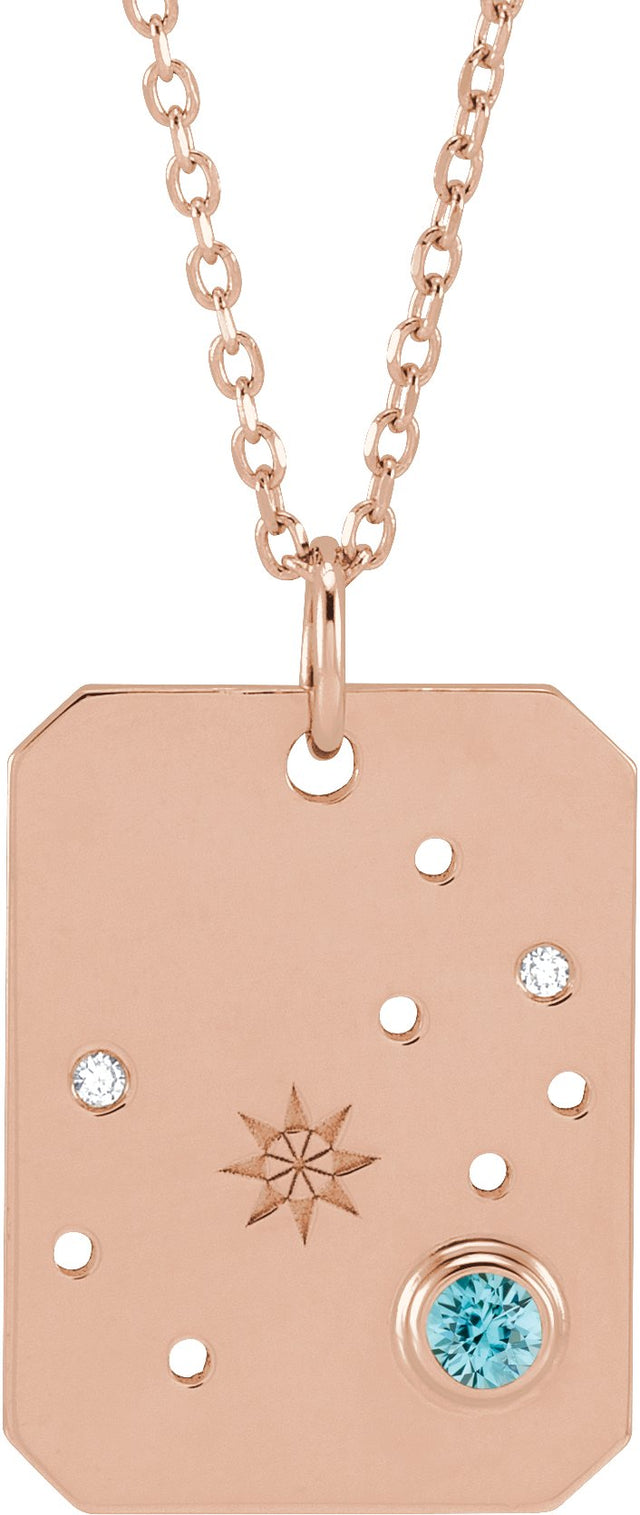 14K Gold Round Natural Blue Zircon & Natural Diamond Scorpio Constellation Necklace or Pendant - Rose Gold