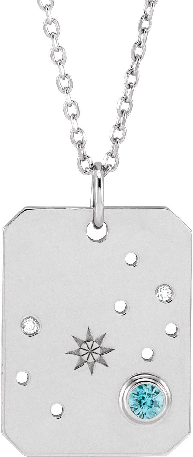 Platinum Round Natural Blue Zircon & Natural Diamond Scorpio Constellation Necklace or Pendant