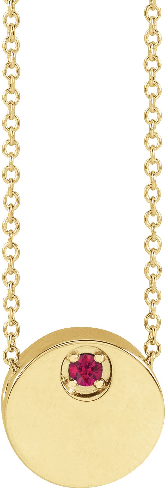 14K Gold Round Natural Ruby Engravable Disc Necklace or Slide Pendant - Yellow Gold