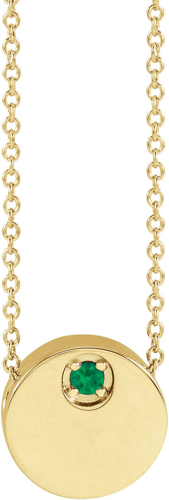 14K Gold Round Lab-Grown Emerald Engravable Disc Necklace or Slide Pendant - Yellow Gold