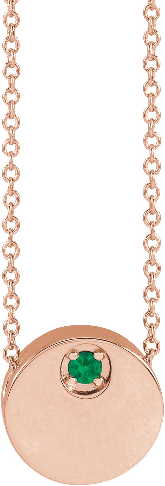 14K Gold Round Natural Emerald Engravable Disc Necklace or Slide Pendant - Rose Gold