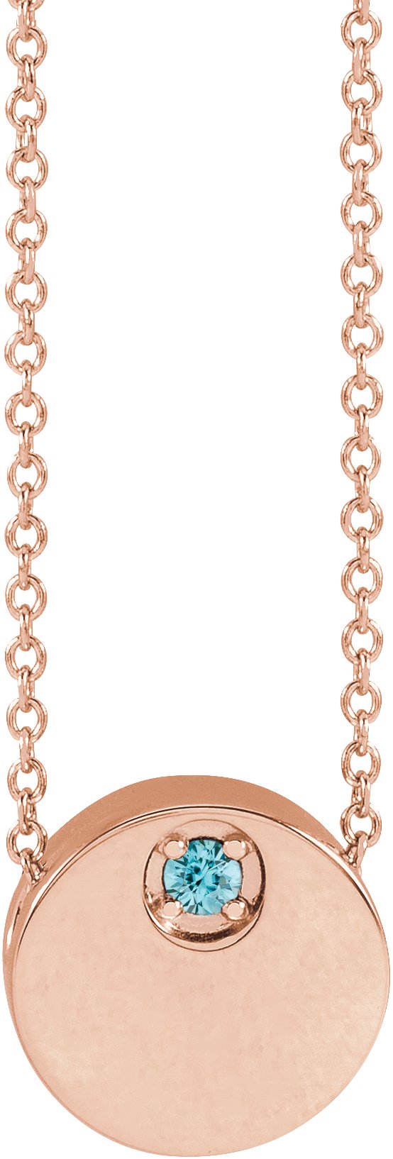 14K Gold Round Natural Blue Zircon Engravable Disc Necklace or Slide Pendant - Rose Gold