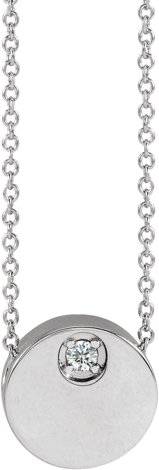 Platinum Round Natural White Sapphire Engravable Disc Necklace or Slide Pendant