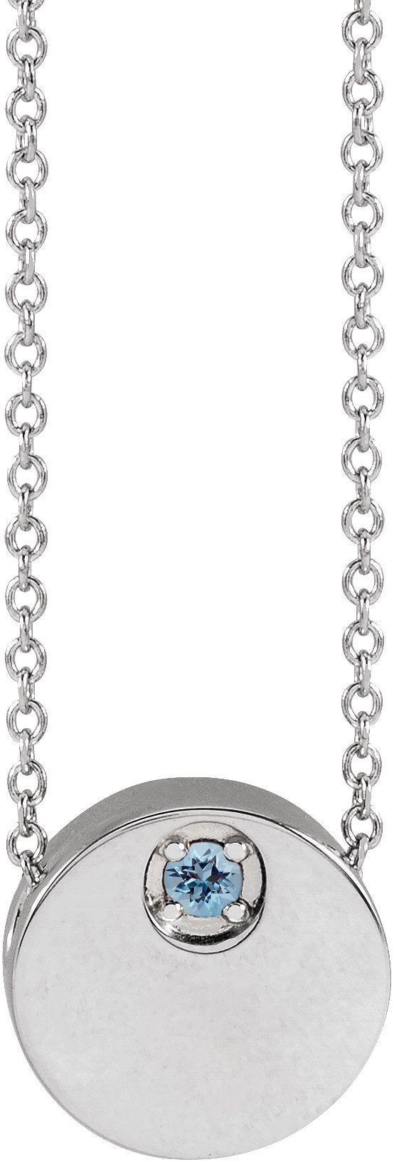 Platinum Round Natural Aquamarine Engravable Disc Necklace or Slide Pendant