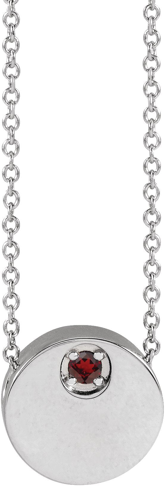 14K Gold Round Natural Mozambique Garnet Engravable Disc Necklace or Slide Pendant - White Gold