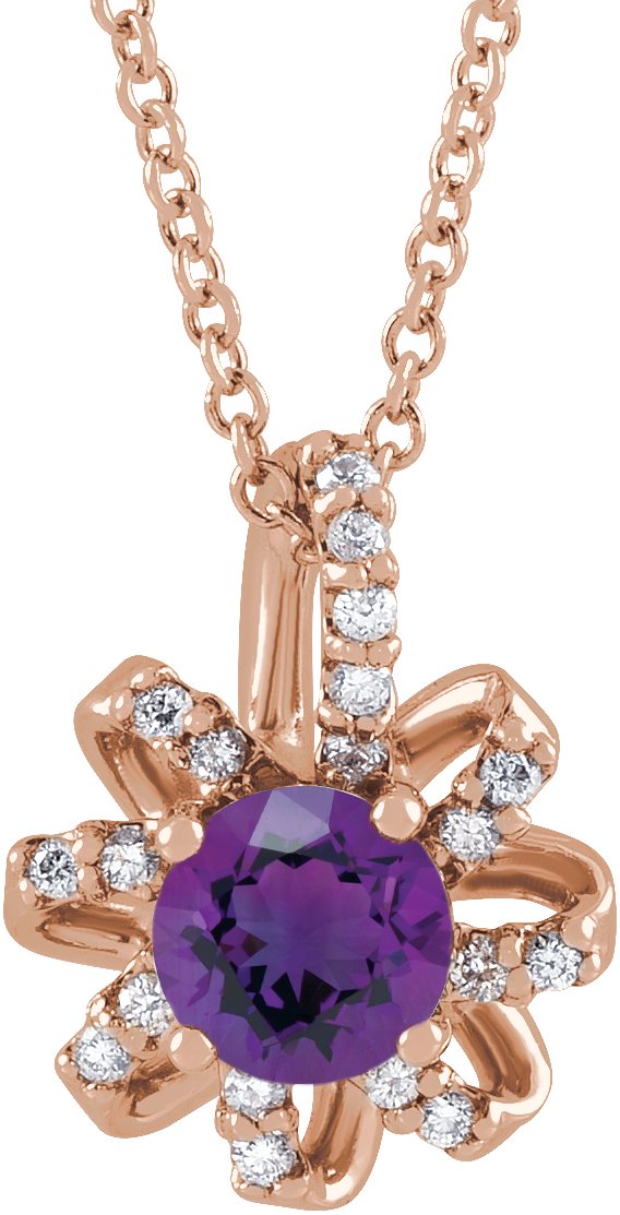 14K Gold Round Natural Amethyst & Natural Diamond Halo-Style Necklace or Pendant – 0.07 CTW - Rose Gold