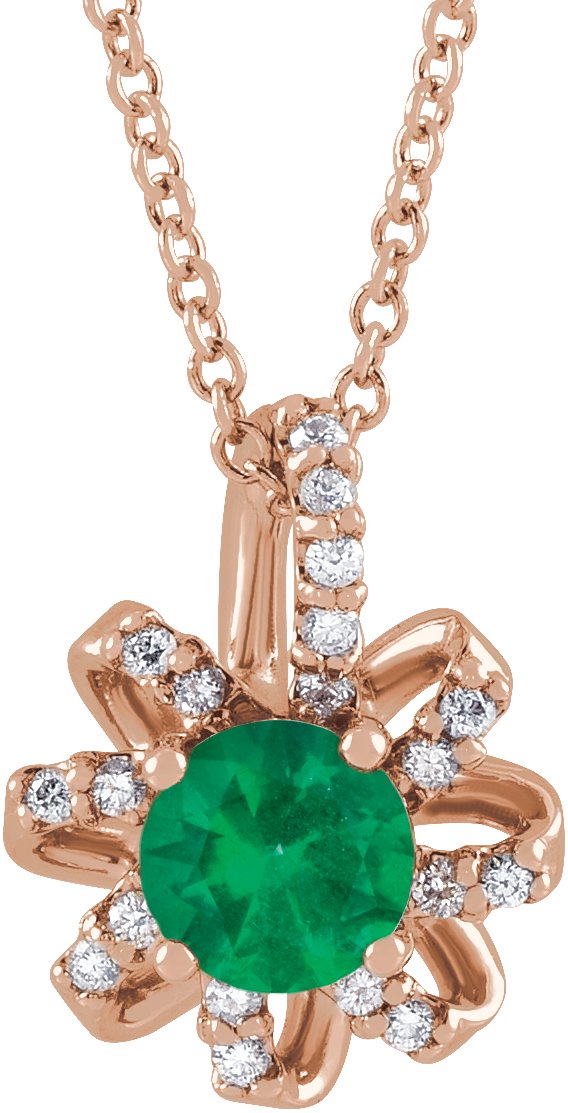 14K Gold Round Natural Emerald & Natural Diamond Halo-Style Necklace or Pendant - Rose Gold