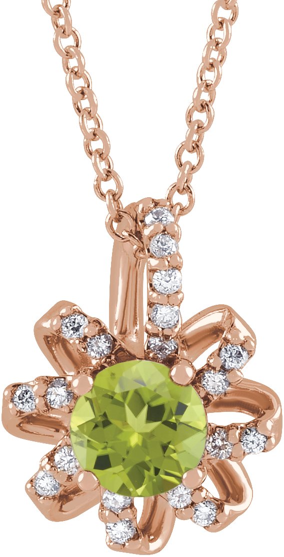 14K Gold Round Natural Peridot & Natural Diamond Halo-Style Necklace or Pendant - Rose Gold