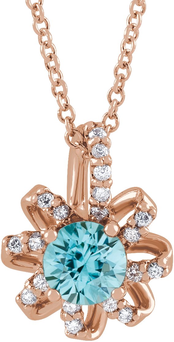 14K Gold Round Natural Blue Zircon & Natural Diamond Halo-Style Necklace or Pendant - Rose Gold