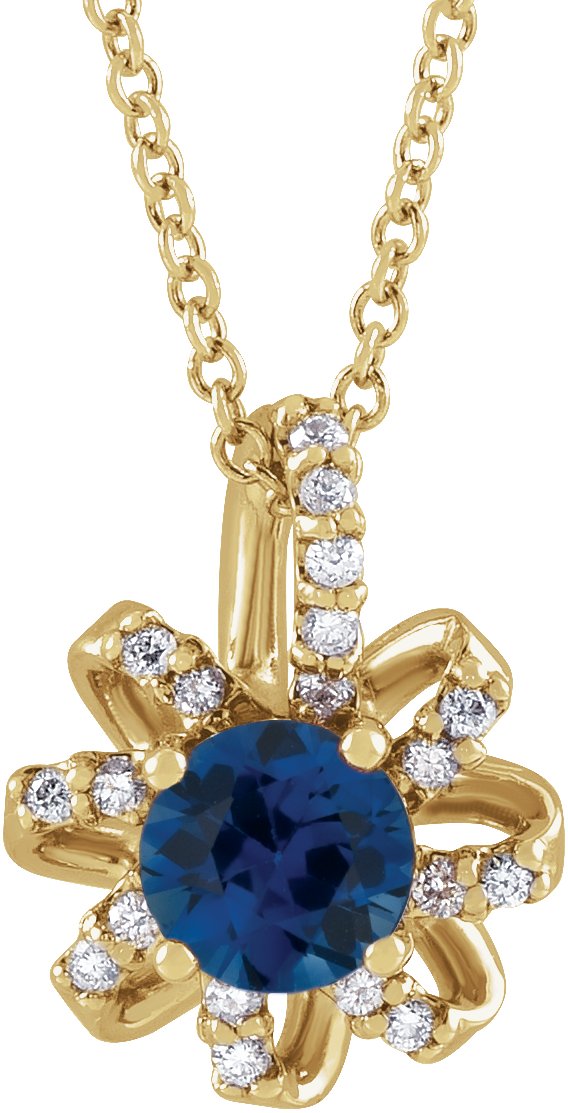 14K Gold Round Natural Blue Sapphire & Natural Diamond Halo-Style Necklace or Pendant – 0.07 CTW - Yellow Gold