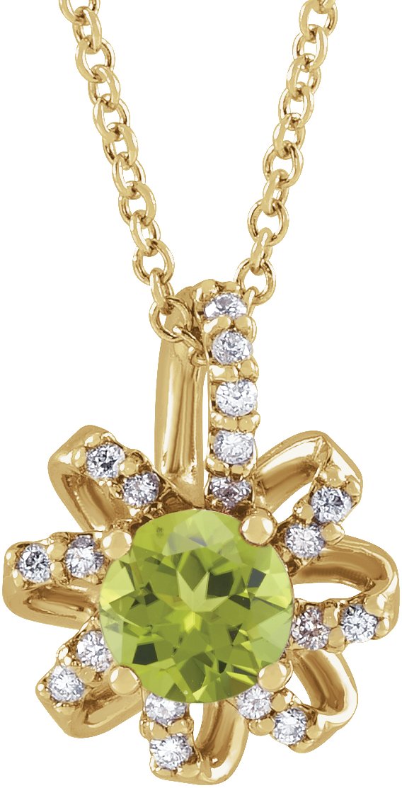 14K Gold Round Natural Peridot & Natural Diamond Halo-Style Necklace or Pendant - Yellow Gold