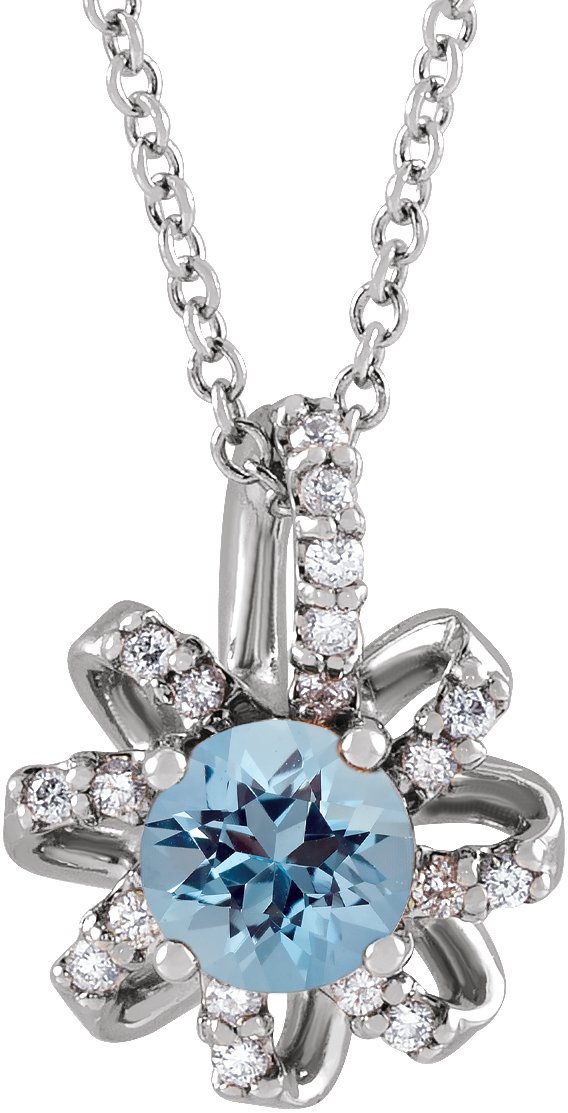 14K Gold Round Natural Aquamarine Halo-Style Necklace or Pendant – 0.07 CTW