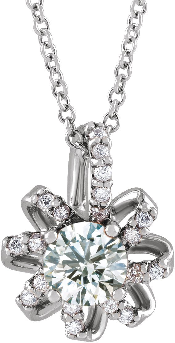 14K Gold Round Natural White Sapphire & Natural Diamond Halo-Style Necklace or Pendant – 0.07 CTW - White Gold