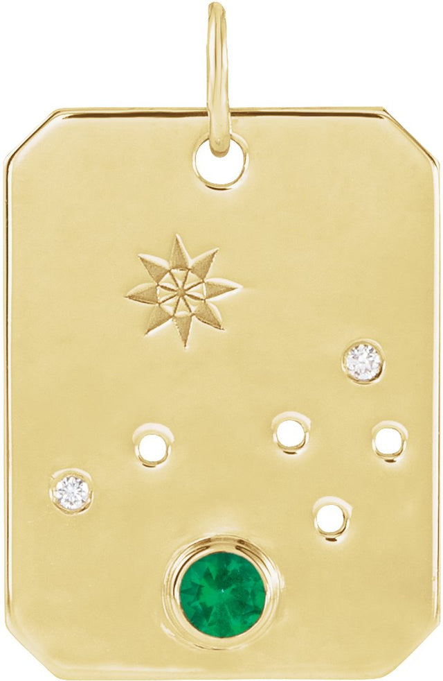 14K Gold Round Natural Emerald & Natural Diamond Zodiac Constellation Necklace or Pendant - Yellow Gold