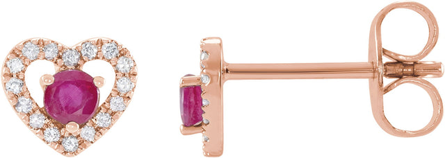 14K Gold Round Natural Ruby & Natural Diamond Heart Earrings - Rose Gold