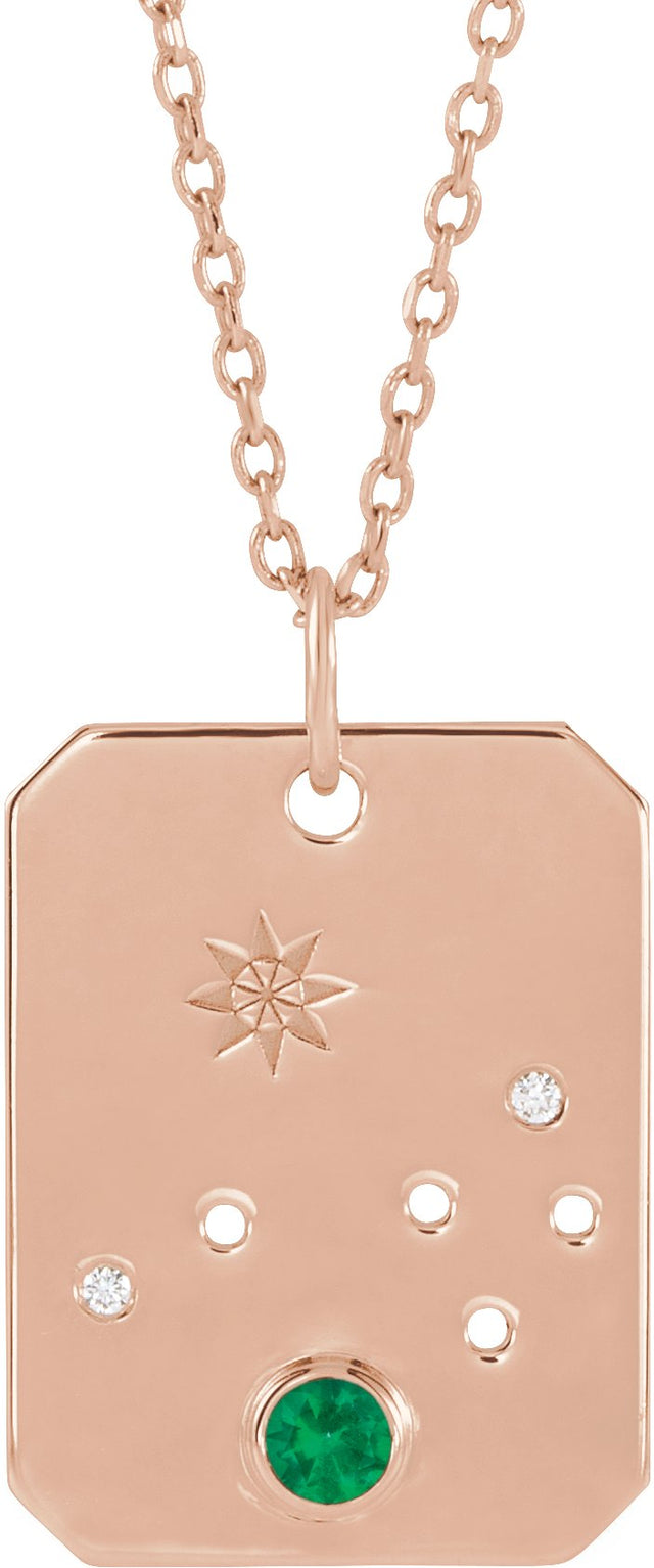 14K Gold Round Natural Emerald & Natural Diamond Aries Constellation Necklace or Pendant - Rose Gold
