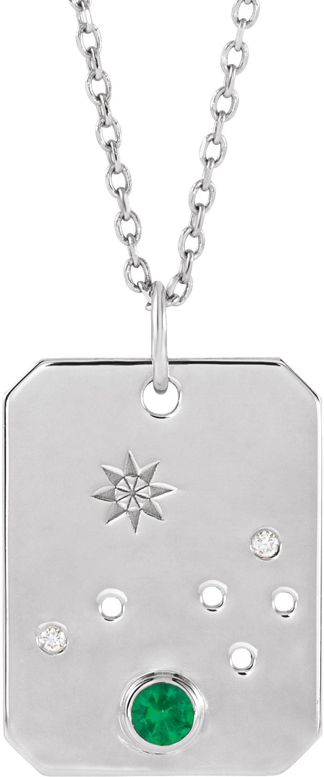 14K Gold Round Natural Emerald & Natural Diamond Aries Constellation Necklace or Pendant - White Gold