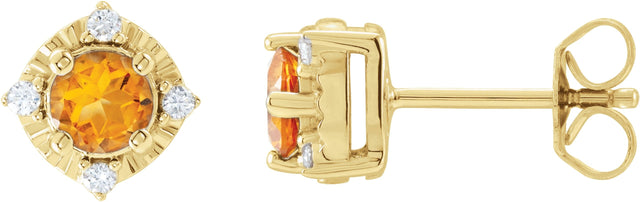 14K Gold Round Natural Citrine & Natural Diamond Halo-Style Birthstone Earrings – 4.5mm Stones - Yellow Gold