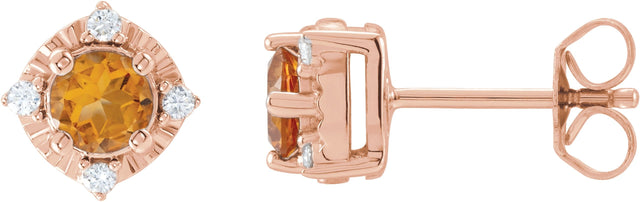 14K Gold Round Natural Citrine & Natural Diamond Halo-Style Birthstone Earrings – 4.5mm Stones - Rose Gold