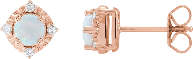 14K Gold Round Lab-Grown White Opal & Natural Diamond Halo-Style Birthstone Earrings - Rose Gold