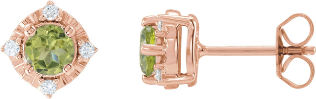 14K Gold Round Natural Peridot & Natural Diamond Halo-Style Birthstone Earrings – 4.5mm Stones - Rose Gold