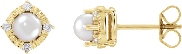 14K Gold Pearl Cultured White Freshwater Pearl & Natural Diamond Halo-Style Birthstone Earrings II - Yellow Gold