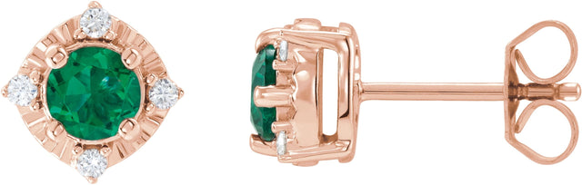 14K Gold Round Lab-Grown Emerald & Natural Diamond Halo-Style Birthstone Earrings – 4.5mm Stones - Rose Gold