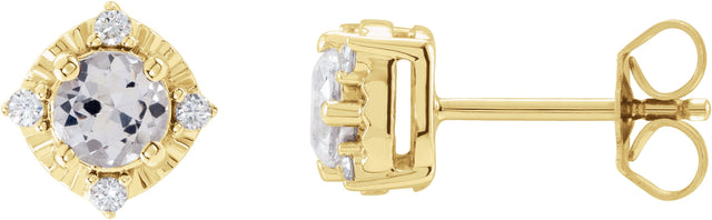 14K Gold Round Natural White Sapphire & Natural Diamond Halo-Style Birthstone Earrings