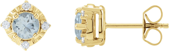 14K Gold Round Natural Aquamarine & Natural Diamond Halo-Style Birthstone Earrings – 4.5mm Stones - Yellow Gold