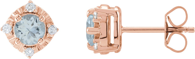 14K Gold Round Natural Aquamarine & Natural Diamond Halo-Style Birthstone Earrings – 4.5mm Stones - Rose Gold