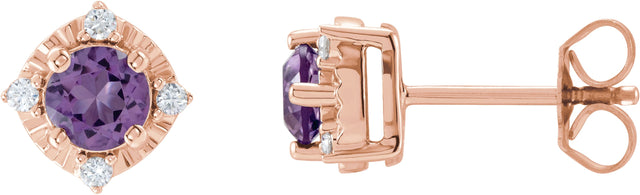 14K Gold Round Natural Amethyst & Natural Diamond Halo-Style Birthstone Earrings – 4.5mm Stones - Rose Gold