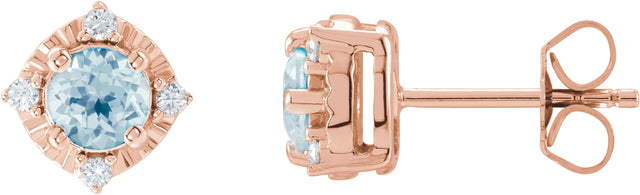 14K Gold Round Natural Sky Blue Topaz & Natural Diamond Halo-Style Birthstone Earrings – 4.5mm Stones - Rose Gold
