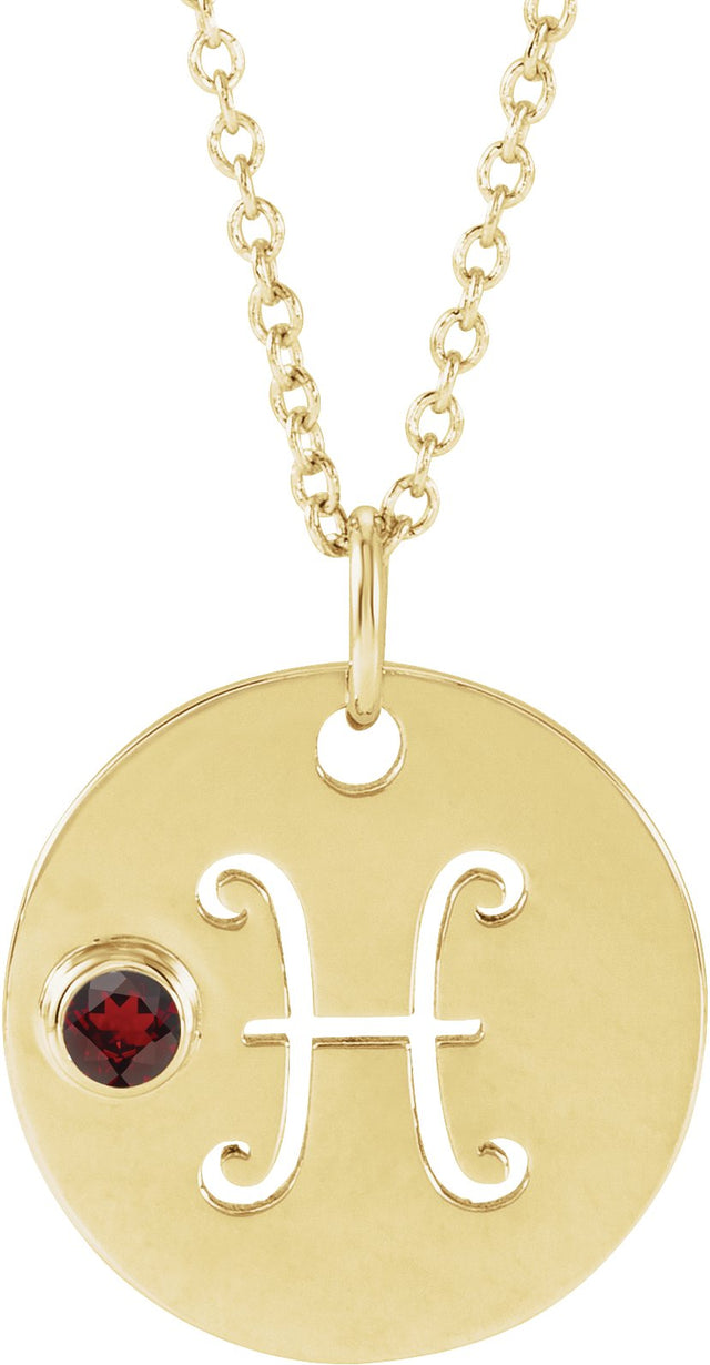 14K Gold Round Natural Mozambique Garnet Pisces Disc Necklace or Pendant - Yellow Gold