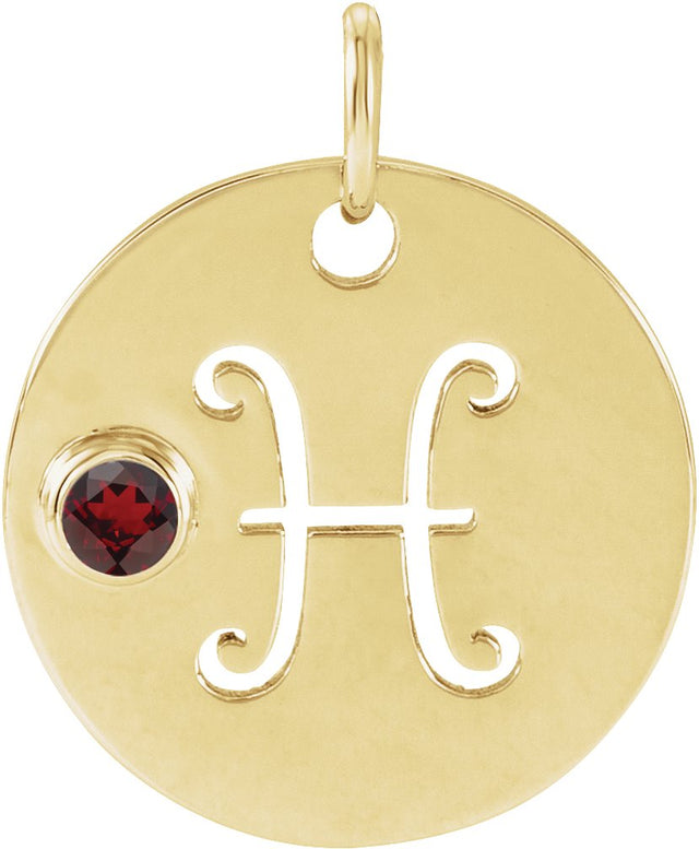 14K Gold Round Natural Mozambique Garnet Zodiac Disc Necklace or Pendant - Yellow Gold