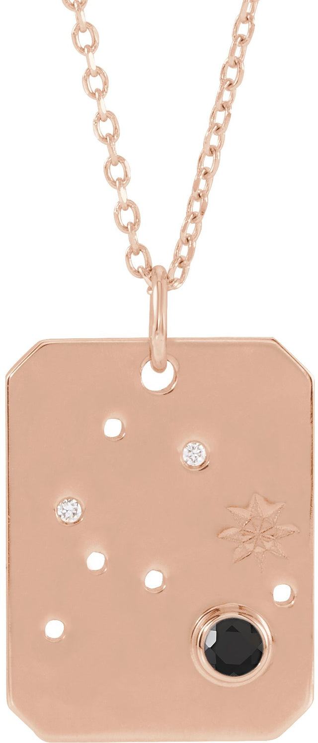 14K Gold Round Natural Black Spinel & Natural Diamond Aquarius Constellation Necklace or Pendant - Rose Gold