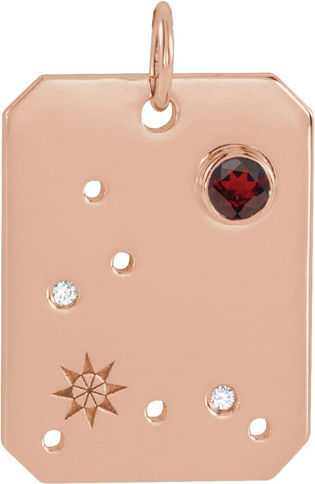 14K Gold Round Natural Mozambique Garnet & Natural Diamond Zodiac Constellation Necklace or Pendant - Rose Gold