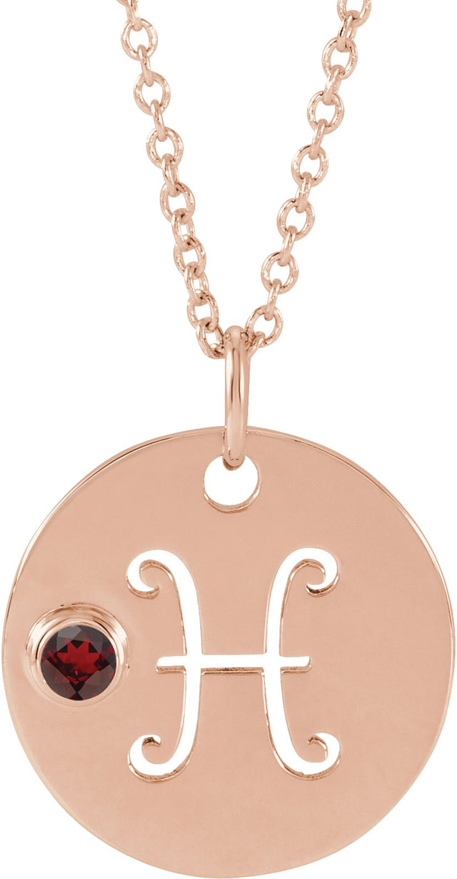 14K Gold Round Natural Mozambique Garnet Pisces Disc Necklace or Pendant - Rose Gold