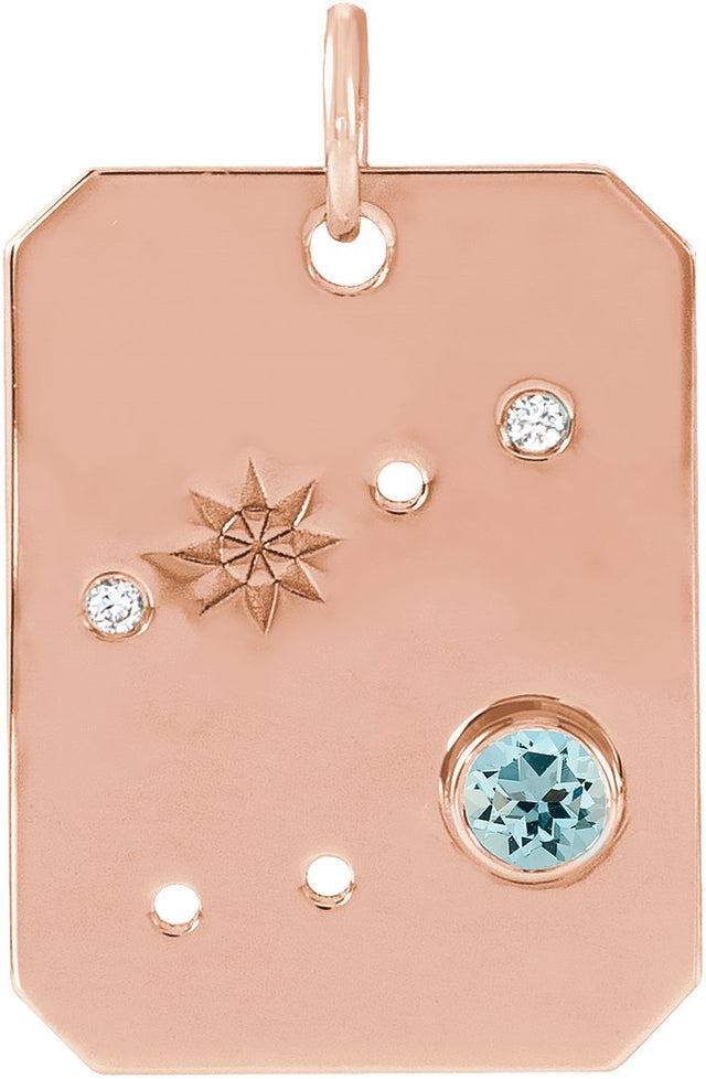 14K Gold Round Natural Aquamarine & Natural Diamond Zodiac Constellation Necklace or Pendant - Rose Gold